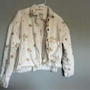 Zara Jean Jacket White Beige Brown‎ Florals Cottagecore Small Collared Western